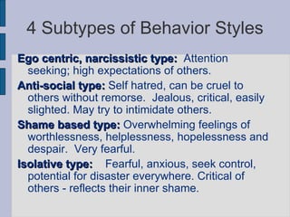 4 Subtypes of Behavior Styles Ego centric, narcissistic type:   Attention seeking; high expectations of others. Anti-social type:  Self hatred, can be cruel to others without remorse.  Jealous, critical, easily slighted. May try to intimidate others. Shame based type:  Overwhelming feelings of worthlessness, helplessness, hopelessness and despair.  Very fearful. Isolative type:   Fearful, anxious, seek control, potential for disaster everywhere. Critical of others - reflects their inner shame.  
