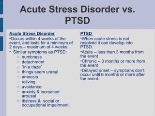 Acute Stress Disorder vs. PTSD Acute Stress Disorder   Occurs within 4 weeks of the event, and lasts for a minimum of 2 days – maximum of 4 weeks. Similar symptoms as PTSD: numbness detachment “ in a daze”  things seem unreal amnesia reliving avoidance anxiety & increased arousal distress &  social or occupational impairment.    PTSD   When acute stress is not resolved it can develop into PTSD. Acute – less than 3 months from the event Chronic – 3 months or more from the event Delayed onset – symptoms don’t occur until 6 months or more after the event.  