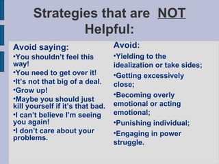 Strategies that are  NOT   Helpful: Avoid saying: You shouldn’t feel this way! You need to get over it! It’s not that big of a deal. Grow up! Maybe you should just kill yourself if it’s that bad.  I can’t believe I’m seeing you again! I don’t care about your problems. Avoid: Yielding to the idealization or take sides; Getting excessively close; Becoming overly emotional or acting emotional; Punishing individual; Engaging in power struggle. 