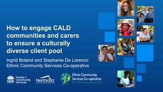 How to engage CALD
communities and carers
to ensure a culturally
diverse client pool
Ingrid Boland and Stephanie De Lorenzo
Ethnic Community Services Co-operative
 