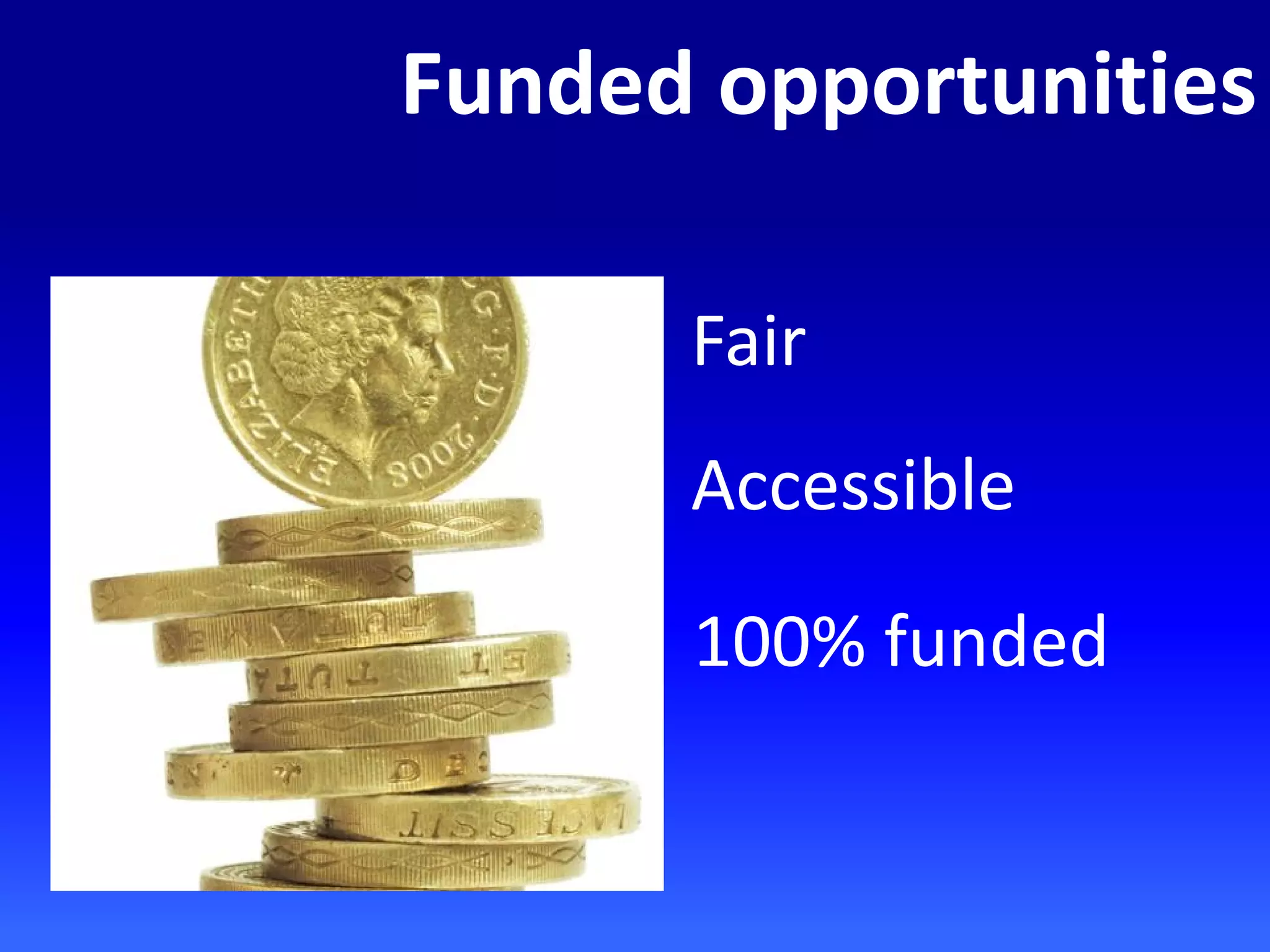 Funded opportunities
Fair
Accessible
100% funded