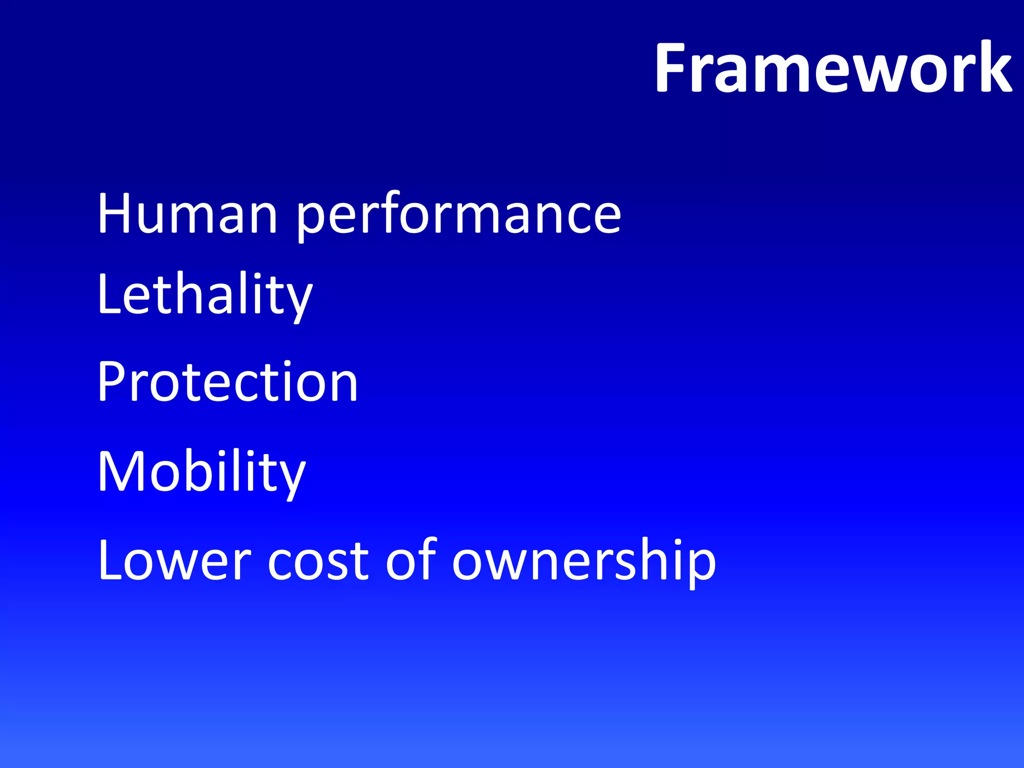 Framework
Protection
Lethality
Human performance
Mobility
Lower cost of ownership