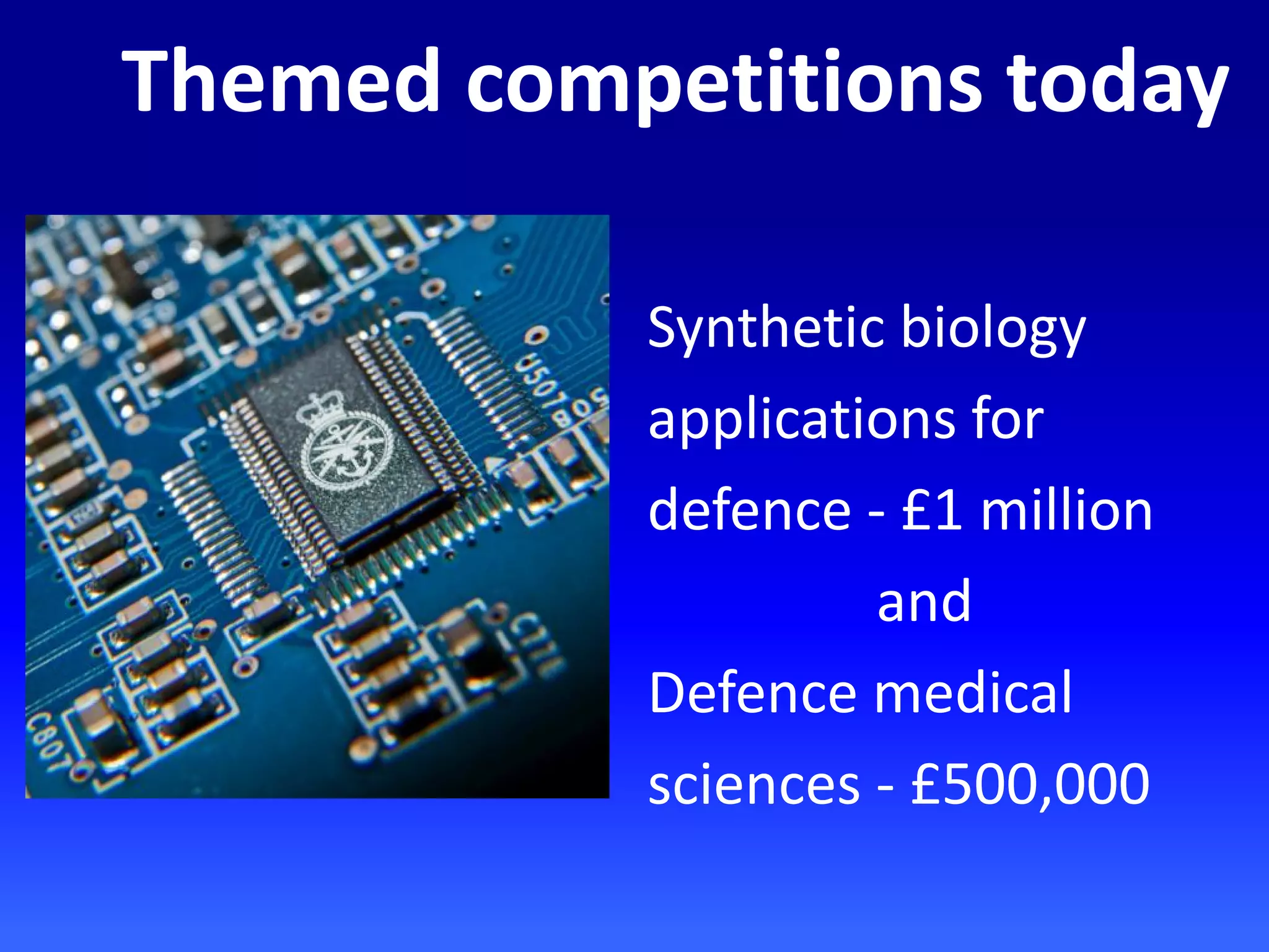 Themed competitions today
Synthetic biology applications for defence - £1 million
and
Defence medical sciences - £500,000