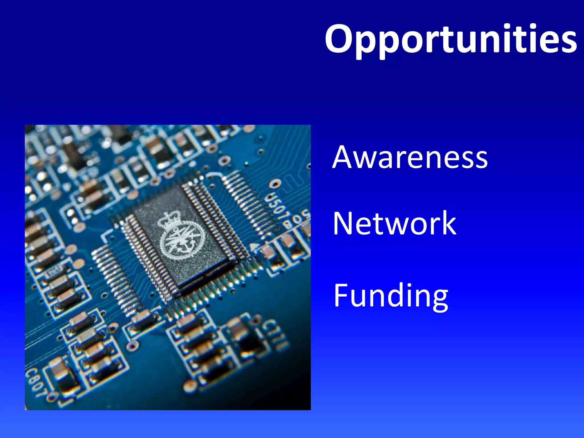 Opportunities
Awareness
Network
Funding