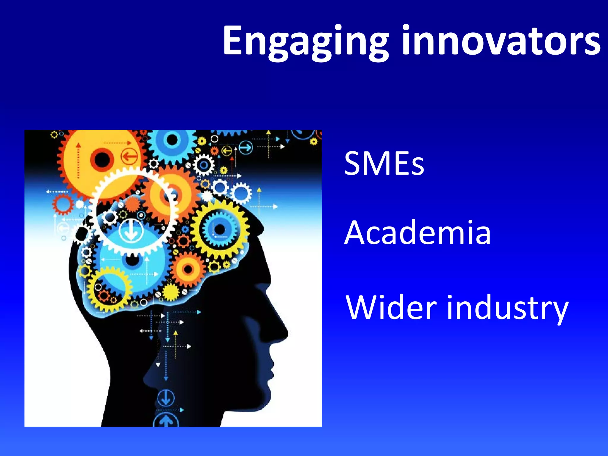 Engaging innovators
SMEs
Academia
Wider industry