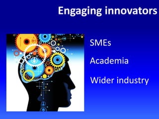 Engaging innovators
SMEs
Academia
Wider industry
 
