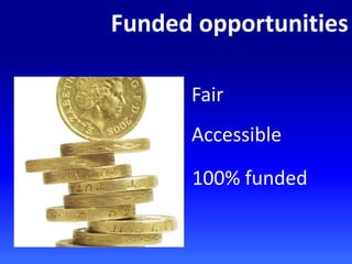Funded opportunities
Fair
Accessible
100% funded
 