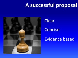 A successful proposal
Clear
Concise
Evidence based
 