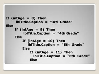 If (intAge = 8) Then
      lblTitle.Caption = “3rd Grade”
Else
     If (intAge = 9) Then
           lblTitle.Caption = “4th Grade”
     Else
          If (intAge = 10) Then
              lblTitle.Caption = “5th Grade”
          Else
               If (intAge = 11) Then
                  lblTitle.Caption = “6th Grade”
               Else
 