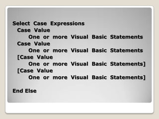 Select Case Expressions
 Case Value
     One or more Visual   Basic Statements
 Case Value
     One or more Visual   Basic Statements
 [Case Value
     One or more Visual   Basic Statements]
 [Case Value
     One or more Visual   Basic Statements]

End Else
 