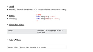 • ord()
• The ord() function returns the ASCII value of the first character of a string.
• Syntax
• ord(string)
• Parameters Values
• Return Values
string Required. The string to get an ASCII
value from
Return Value: Returns the ASCII value as an integer
<?php
echo ord("h")."<br>";
echo ord("hello")."<br>";
?>
 