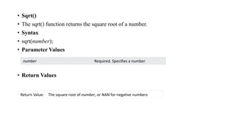 • Sqrt()
• The sqrt() function returns the square root of a number.
• Syntax
• sqrt(number);
• Parameter Values
• Return Values
number Required. Specifies a number
Return Value: The square root of number, or NAN for negative numbers
 