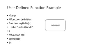 User Defined Function Example
• <?php
• //function definition
• function sayHello(){
• echo "Hello World!";
• }
• //function call
• sayHello();
• ?>
Hello World
 
