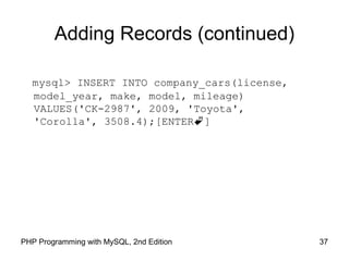 37PHP Programming with MySQL, 2nd Edition
Adding Records (continued)
mysql> INSERT INTO company_cars(license,
model_year, make, model, mileage)
VALUES('CK-2987', 2009, 'Toyota',
'Corolla', 3508.4);[ENTER]
 