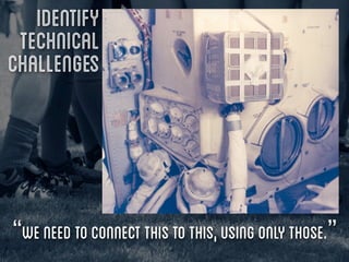 Identify
 technical
challenges




“We need to connect this to this, using only those.”
 