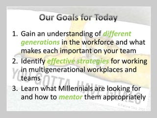 1. Gain an understanding of different
generations in the workforce and what
makes each important on your team
2. Identify effective strategies for working
in multigenerational workplaces and
teams
3. Learn what Millennials are looking for
and how to mentor them appropriately
 