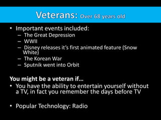 • Important events included:
– The Great Depression
– WWII
– Disney releases it’s first animated feature (Snow
White)
– The Korean War
– Sputnik went into Orbit
You might be a veteran if…
• You have the ability to entertain yourself without
a TV, in fact you remember the days before TV
• Popular Technology: Radio
 