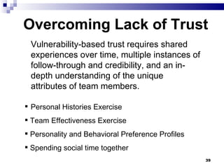 Overcoming Lack of Trust Vulnerability-based trust requires shared experiences over time, multiple instances of follow-through and credibility, and an in-depth understanding of the unique attributes of team members. Personal Histories Exercise Team Effectiveness Exercise Personality and Behavioral Preference Profiles Spending social time together 