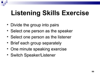 Listening Skills Exercise Divide the group into pairs Select one person as the speaker Select one person as the listener Brief each group separately One minute speaking exercise Switch Speaker/Listener 