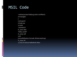 MSIL Code.method private hidebysig static void Main() cil managed { {.entrypoint// Code size 11 (0xb) .maxstack 8 IL_0000: ldstr"Hello, world!" IL_0005: call void [mscorlib]System.Console::WriteLine(string) IL_000a: ret } // end of method HelloWorld::Main 