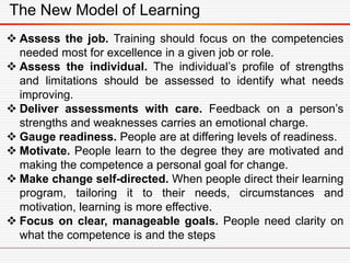 The New Model of Learning
 Assess the job. Training should focus on the competencies
needed most for excellence in a given job or role.
 Assess the individual. The individual’s profile of strengths
and limitations should be assessed to identify what needs
improving.
 Deliver assessments with care. Feedback on a person’s
strengths and weaknesses carries an emotional charge.
 Gauge readiness. People are at differing levels of readiness.
 Motivate. People learn to the degree they are motivated and
making the competence a personal goal for change.
 Make change self-directed. When people direct their learning
program, tailoring it to their needs, circumstances and
motivation, learning is more effective.
 Focus on clear, manageable goals. People need clarity on
what the competence is and the steps
 
