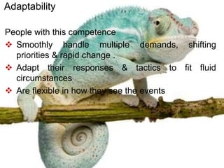 People with this competence
 Smoothly handle multiple demands, shifting
priorities & rapid change .
 Adapt their responses & tactics to fit fluid
circumstances
 Are flexible in how they see the events
Adaptability
 