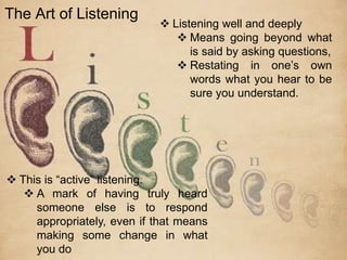  This is “active” listening.
 A mark of having truly heard
someone else is to respond
appropriately, even if that means
making some change in what
you do
The Art of Listening
 Listening well and deeply
 Means going beyond what
is said by asking questions,
 Restating in one’s own
words what you hear to be
sure you understand.
 