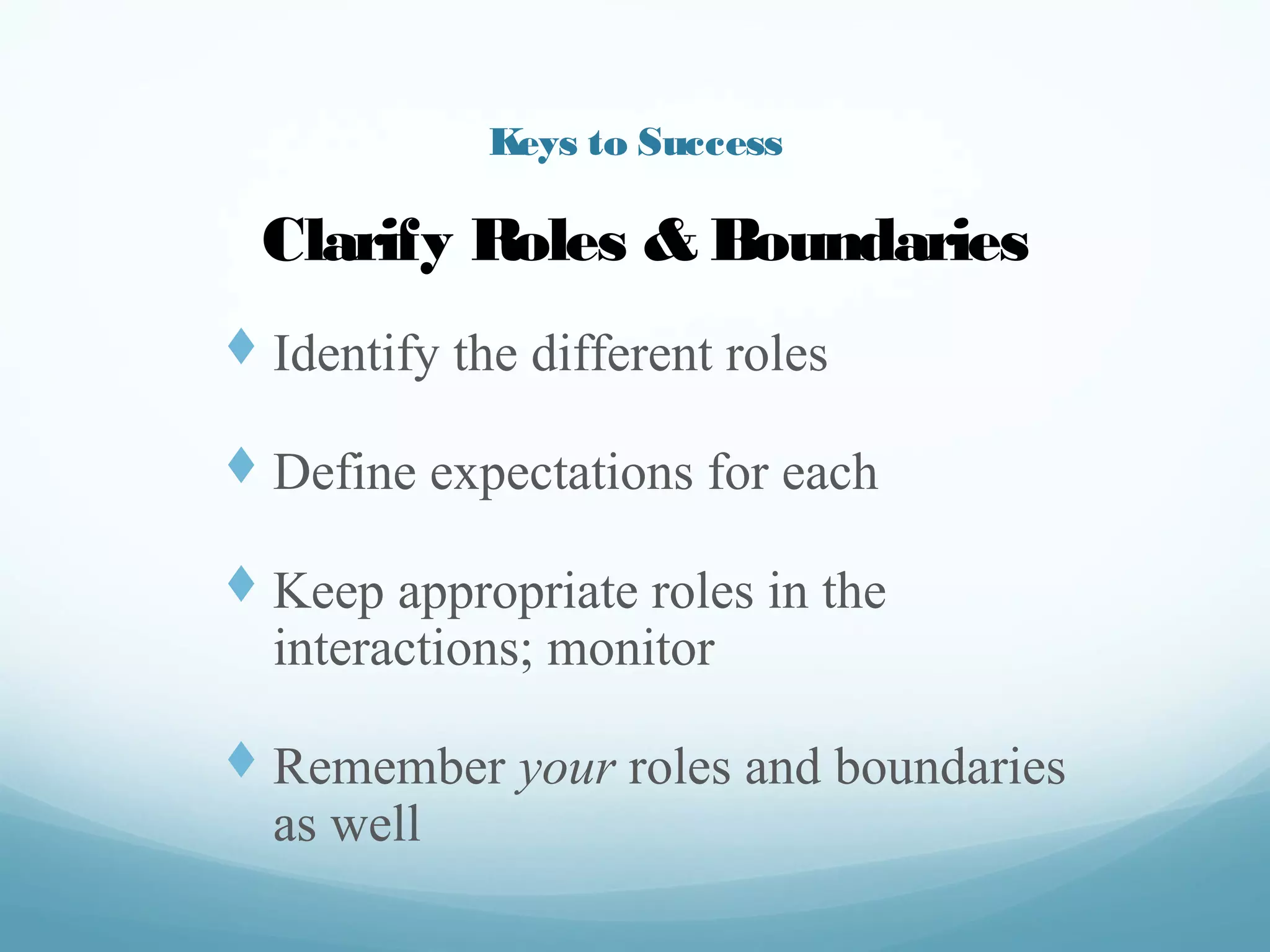 Keys to Success
t  Identify the different roles
t  Define expectations for each
t  Keep appropriate roles in the
interactions; monitor
t  Remember your roles and
boundaries as well
Clarify Roles & Boundaries
 