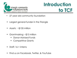 Introduction  to TCF 27 year old community foundation Largest general funder in the Triangle Assets:  ~$135 million Grantmaking: ~$15 million Donor-Advised Funds Competitive Grants Staff: 16 + interns Find us on Facebook, Twitter, & YouTube 