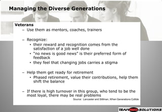 Managing the Diverse Generations


 Veterans
    – Use them as mentors, coaches, trainers

    – Recognize:
       • their reward and recognition comes from the
         satisfaction of a job well done
       • ―no news is good news‖ is their preferred form of
         feedback
       • they feel that changing jobs carries a stigma

    – Help them get ready for retirement
       • Phased retirement, value their contributions, help them
         shift the balance

    – If there is high turnover in this group, who tend to be the
      most loyal, there may be real problems
                               Source: Lancaster and Stillman, When Generations Collide
 
