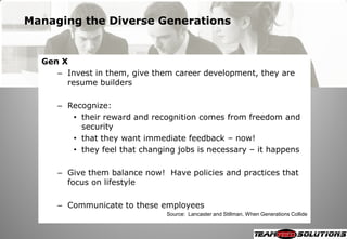 Managing the Diverse Generations


  Gen X
     – Invest in them, give them career development, they are
       resume builders

     – Recognize:
        • their reward and recognition comes from freedom and
          security
        • that they want immediate feedback – now!
        • they feel that changing jobs is necessary – it happens

     – Give them balance now! Have policies and practices that
       focus on lifestyle

     – Communicate to these employees
                               Source: Lancaster and Stillman, When Generations Collide
 