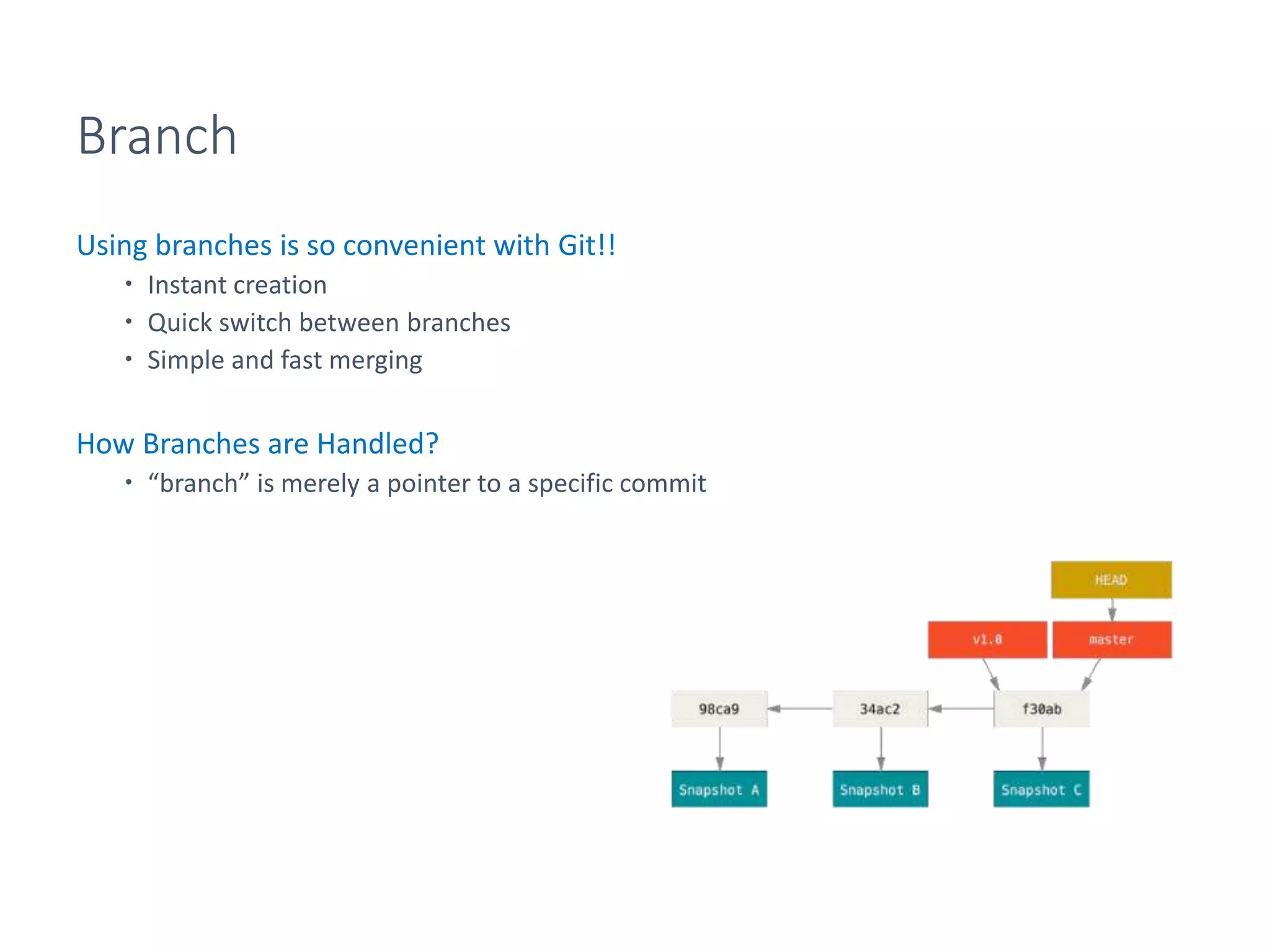 Branch
Using branches is so convenient with Git!!
 Instant creation
 Quick switch between branches
 Simple and fast merging
How Branches are Handled?
 “branch” is merely a pointer to a specific commit
 