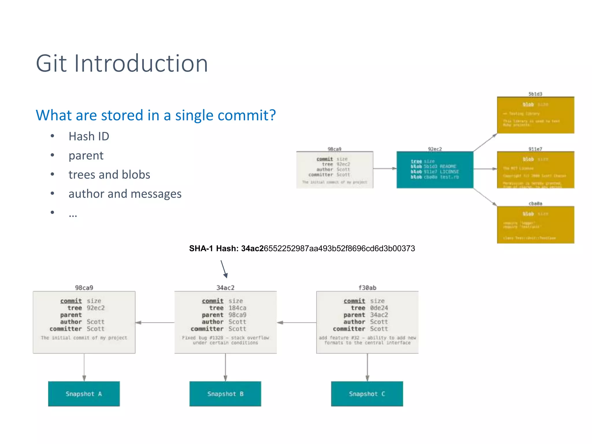 Git Introduction
What are stored in a single commit?
• Hash ID
• parent
• trees and blobs
• author and messages
• …
SHA-1 Hash: 34ac26552252987aa493b52f8696cd6d3b00373
 