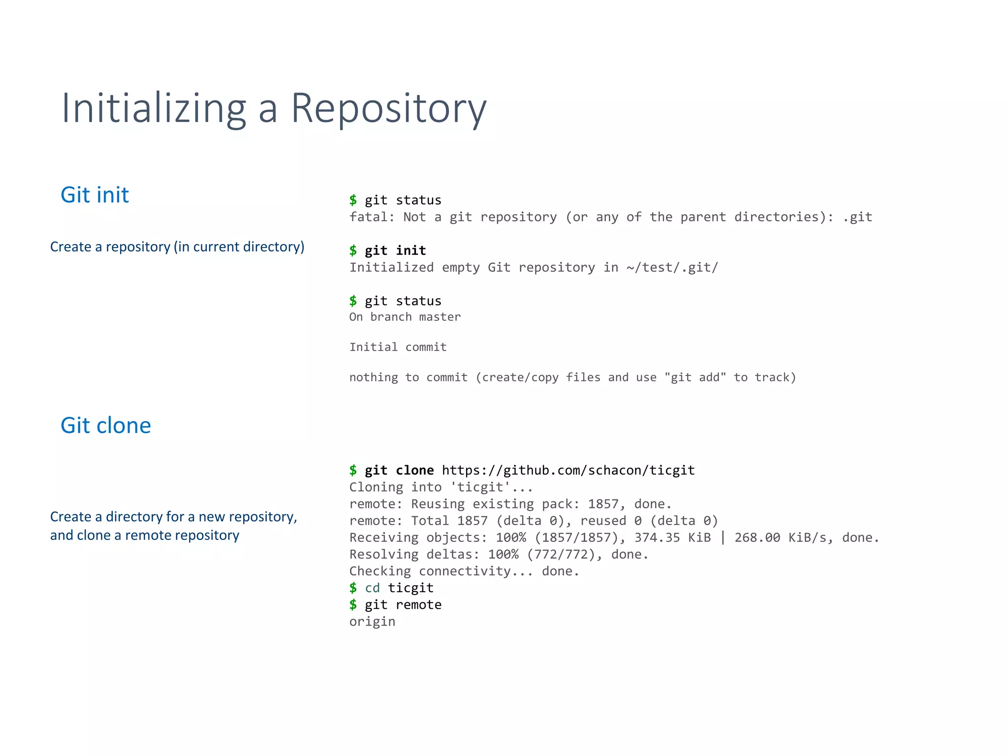 Initializing a Repository
Git init
Git clone
$ git clone https://github.com/schacon/ticgit
Cloning into 'ticgit'...
remote: Reusing existing pack: 1857, done.
remote: Total 1857 (delta 0), reused 0 (delta 0)
Receiving objects: 100% (1857/1857), 374.35 KiB | 268.00 KiB/s, done.
Resolving deltas: 100% (772/772), done.
Checking connectivity... done.
$ cd ticgit
$ git remote
origin
$ git status
fatal: Not a git repository (or any of the parent directories): .git
$ git init
Initialized empty Git repository in ~/test/.git/
$ git status
On branch master
Initial commit
nothing to commit (create/copy files and use "git add" to track)
Create a repository (in current directory)
Create a directory for a new repository,
and clone a remote repository
 