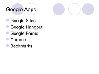 Google Apps
Google Sites
Google Hangout
Google Forms
Chrome
Bookmarks
 
