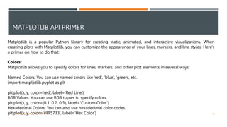 MATPLOTLIB API PRIMER
VISHNU PRIYA P M | PYTHON | V BCA 35
Matplotlib is a popular Python library for creating static, animated, and interactive visualizations. When
creating plots with Matplotlib, you can customize the appearance of your lines, markers, and line styles. Here's
a primer on how to do that:
Colors:
Matplotlib allows you to specify colors for lines, markers, and other plot elements in several ways:
Named Colors: You can use named colors like 'red', 'blue', 'green', etc.
import matplotlib.pyplot as plt
plt.plot(x, y, color='red', label='Red Line')
RGB Values: You can use RGB tuples to specify colors.
plt.plot(x, y, color=(0.1, 0.2, 0.3), label='Custom Color')
Hexadecimal Colors: You can also use hexadecimal color codes.
plt.plot(x, y, color='#FF5733', label='Hex Color')
 