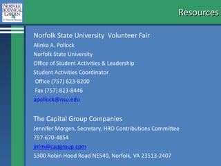 Resources Norfolk State University  Volunteer Fair Alinka A. Pollock Norfolk State University Office of Student Activities & Leadership  Student Activities Coordinator Office (757) 823-8200  Fax (757) 823-8446 [email_address] The Capital Group Companies  Jennifer Morgen, Secretary, HRO Contributions Committee 757-670-4854  [email_address]   5300 Robin Hood Road NE540, Norfolk, VA 23513-2407 