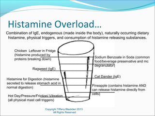 Histamine Overload…
Copyright Tiffany Blackden 2013
All Rights Reserved
Histamine for Digestion (histamine
secreted to release stomach acid in
normal digestion)
Pineapple (contains histamine AND
can release histamine directly from
cells)
Sodium Benzoate in Soda (common
food/beverage preservative and mc
degranulator)
Cat Dander (IgE)
Ragweed (IgE)
Hot Day/Pressure/Friction/ Vibration
(all physical mast cell triggers)
Chicken Leftover in Fridge
(histamine produced by
proteins breaking down)
Combination of IgE, endogenous (made inside the body), naturally occurring dietary
histamine, physical triggers, and consumption of histamine releasing substances.
 
