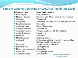 Some Histamine Liberating or DAO/HMT Inhibiting Meds
Substance class Some Active agents
 Radiological Contrast media
 Muscle relaxants Pancuronium, Alcuronium, D-Tubocurarin
 Narcotics Thiopental
 Analgesics Morphine, pethidine, NSAR, ASS, metamizole
 Local anesthetics Prilocaine
 Antihistamines Dyphenhydramine
 Antihypotensives Dobutamine
 Antihypertensives Verapamil, alprenolol, dihydralazine
 Antiarrhythmics Propafenon
 Diuretics Amiloride
 Motility agents Metoclopramide
 Antibiotics Cefuroxime, cefotiam, isoniazid,pentamidine,
clavulanic acid, chloroquine
 Mucolytics Acetylcysteine, ambroxol
 Broncholytics Aminophylline
 H2 receptor antagonists Cimetidine
 Cytostatics Cyclophosphamide
 Antidepressants Amitriptylline Copyright Tiffany Blackden 2013
All Rights Reserved
 