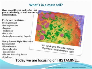 What’s in a mast cell?
Copyright Tiffany Blackden 2013 All Rights Reserved
Today we are focusing on HISTAMINE…
Art by: Angela Canada Hopkins
http://www.canadahopkins.com/
Over 100 different molecules that
protect the body, as well as causing
inflammation.
Preformed mediators :
(from granules)
-Serine proteases
-Tryptase
-Histamine
-Serotonin
-Proteoglycans-mainly heparin
Newly formed Lipid Mediators:
(eicosanoids)
-Thromboxane
-Prostoglandins
-Leukotreines
-Platelet Activating Factor
-Cytokines
 