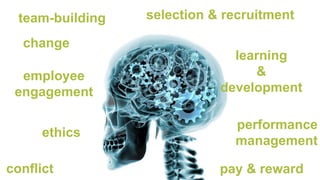 team-building
change
selection & recruitment
employee
engagement
ethics
conflict
learning
&
development
performance
management
pay & reward
 