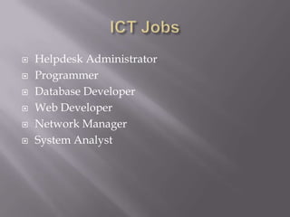 ICT JobsHelpdesk AdministratorProgrammer Database Developer Web DeveloperNetwork ManagerSystem Analyst