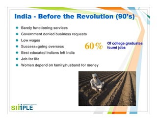 (90’
India - Before the Revolution (90’s)
  Barely functioning services
  Government denied business requests
  Low wages
                                             Of college graduates
  Success=going overseas             60%     found jobs
  Best educated Indians left India
  Job for life
  Women depend on family/husband for money
 