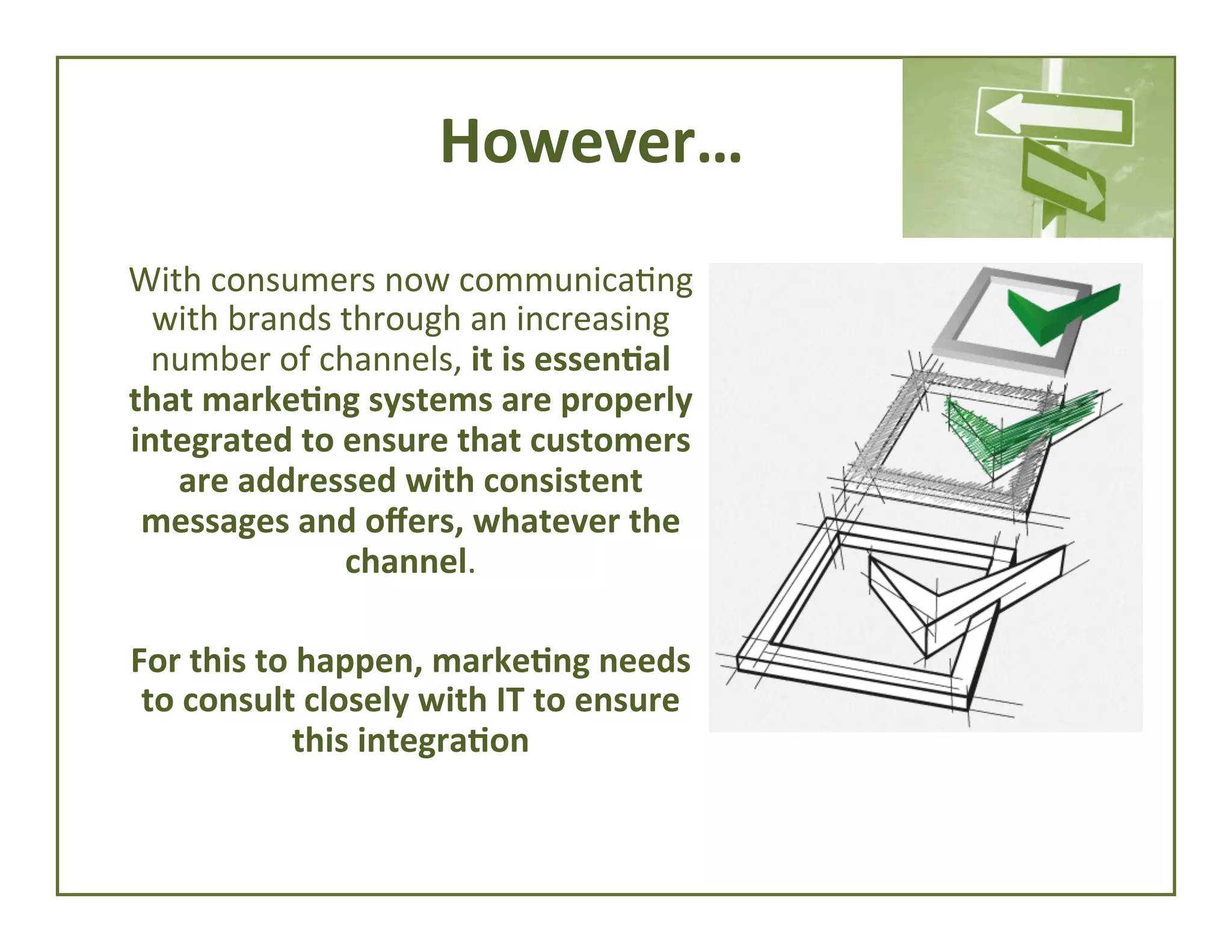 However…	
  	
  
With	
  consumers	
  now	
  communica4ng	
  
with	
  brands	
  through	
  an	
  increasing	
  
number	
  of	
  channels,	
  it	
  is	
  essen*al	
  
that	
  marke*ng	
  systems	
  are	
  properly	
  
integrated	
  to	
  ensure	
  that	
  customers	
  
are	
  addressed	
  with	
  consistent	
  
messages	
  and	
  oﬀers,	
  whatever	
  the	
  
channel.	
  	
  
	
  
For	
  this	
  to	
  happen,	
  marke*ng	
  needs	
  
to	
  consult	
  closely	
  with	
  IT	
  to	
  ensure	
  
this	
  integra*on	
  
	
  

 
