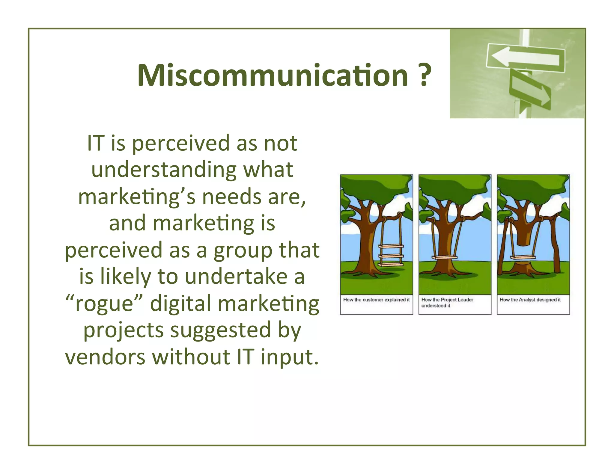 Miscommunica*on	
  ?	
  
IT	
  is	
  perceived	
  as	
  not	
  
understanding	
  what	
  
marke4ng’s	
  needs	
  are,	
  
and	
  marke4ng	
  is	
  
perceived	
  as	
  a	
  group	
  that	
  
is	
  likely	
  to	
  undertake	
  a	
  
“rogue”	
  digital	
  marke4ng	
  
projects	
  suggested	
  by	
  
vendors	
  without	
  IT	
  input.	
  

 