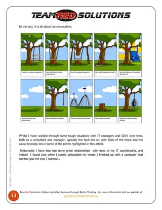 In the end, it is all about communication:




                                              Whilst I have worked through some tough situations with IT managers and CIO’s over time,
                                              both as a consultant and manager, typically the fault lies on both sides of the fence and the
TeamRed – putting business in the fast lane




                                              cause typically lies in some of the points highlighted in this article.

                                               Fortunately I have also had some great relationships with most of my IT counterparts, and
                                              indeed I found that when I clearly articulated my needs I finished up with a computer that
                                              worked just the way I wanted...




                                              TeamRed Solutions- Delivering better Business through Better Thinking - for more information visit our website at
                                  13                                                  www.teamredsolutions.com.au
 