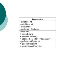 Reservation
- duration: int
- dailyRate: int
- date: Date
- customer: Costumer
- fees: List
+ extend(days)
+ extendForWeek()
+ addFee(FeeRider)<<delegates>>
- getPrincipalFee(): int
+ getTotalFee() :int
+ getAdditionalFee(): int
 