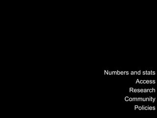 Numbers and stats
Access
Research
Community
Policies
 