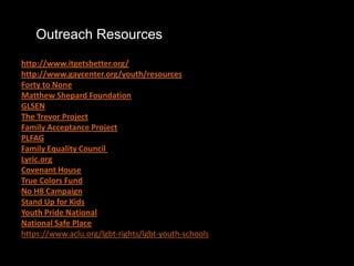 Outreach Resources
http://www.itgetsbetter.org/
http://www.gaycenter.org/youth/resources
Forty to None
Matthew Shepard Foundation
GLSEN
The Trevor Project
Family Acceptance Project
PLFAG
Family Equality Council
Lyric.org
Covenant House
True Colors Fund
No H8 Campaign
Stand Up for Kids
Youth Pride National
National Safe Place
https://www.aclu.org/lgbt-rights/lgbt-youth-schools
 