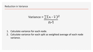 Reduction in Variance
1. Calculate variance for each node.
2. Calculate variance for each split as weighted average of each node
variance.
 